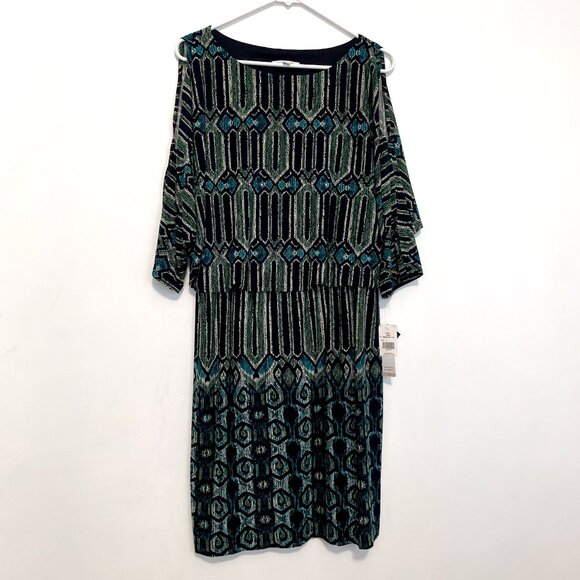 NEW NWT SANDRA DARREN Black Green Teal Geometric Geo Cold Shoulder Cutout Dress - Picture 2 of 16
